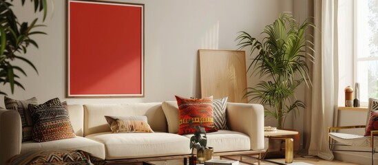 Poster - Cozy living room with red mock-up poster frame, beige sofa, patterned pillow, coffee table, and personal accessories.