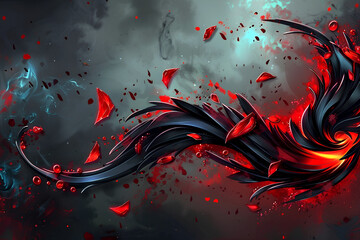 Wall Mural - Abstract red and black swirling pattern with shards in digital art style, dark background, dynamic energy concept