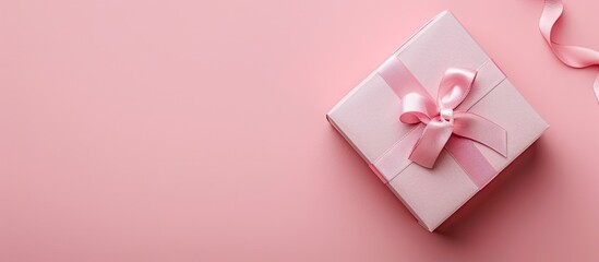 Leinwandbilder - A gift box with a ribbon bow on a pink background with copy space image.