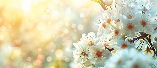 Aufkleber - Panoramic view of blooming white plum flowers in a garden during spring, suitable for a web banner with copy space image.