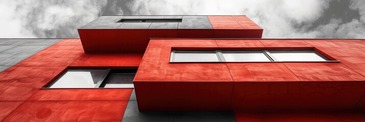 Wall Mural - Minimalist red building exterior with windows and cloudy sky. Abstract architectural details with geometric shapes. Minimalist modern design.
