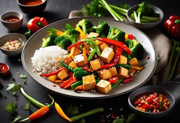 Canvas Print - delicious tofu stir fry served plate, meal, food, dish, dinner, appetizing, dining, scrumptious, savory, culinary, cuisine, gourmet, vegetarian, healthy,