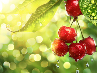 Ripe juicy cherries in droplets of water with green leaves. Neural network AI generated art