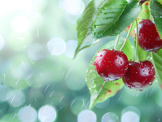 Ripe juicy cherries in droplets of water with green leaves. Neural network AI generated art