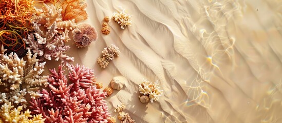 Canvas Print - Copy space image with coral reef pieces set against a sandy beach backdrop.