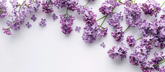 Poster - Top view of lovely lilac flowers on a white backdrop, with room for text in the copy space image.