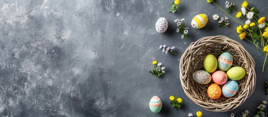 Aufkleber - Easter table setup on gray backdrop with holiday decorations, embodying the Happy Easter theme. Includes copy space image for text placement.