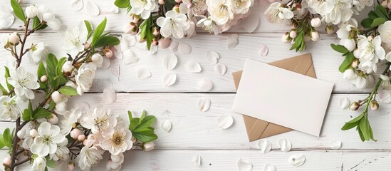 Poster - Celebrate Mother's Day with a stunning arrangement of flowers and an empty card, elegantly displayed on a white wooden table in a visually appealing flat lay copy space image.