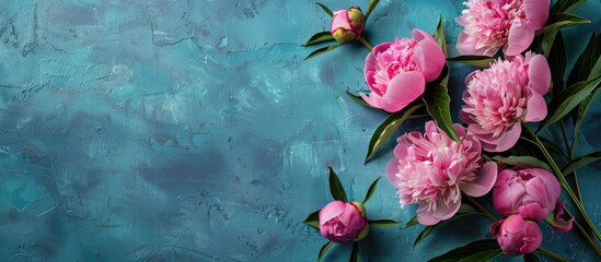 Wall Mural - Top view of fresh pink peonies on a blue tabletop with a blank area for text in the image. copy space available