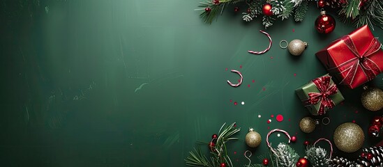Aufkleber - Top view of Christmas gift box and decorations on a green background, creating a festive Christmas-themed copy space image.