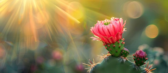 Wall Mural - A young pink cactus flower in close-up against a blurred background of green and yellow, ideal for a cover page concept with copy space image.