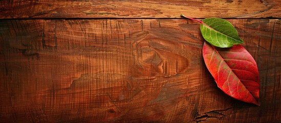 Poster - A leaf of a flower placed on a wooden table with a copy space image available.