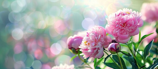 Poster - Close-up view of stunning peonies with a blurred background, providing copy space image.
