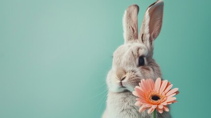 A cute bunny rabbit with a pink flower.