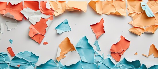 Poster - Assortment of torn paper pieces on a white backdrop with copy space image.