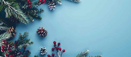 Aufkleber - A postcard featuring a festive New Year's and Christmas theme with green pine branches, red berries, snow, and cones on a blue background, top view with copy space image.