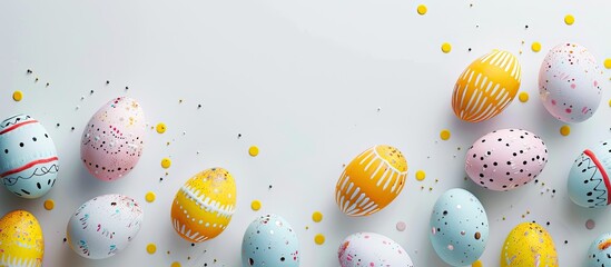 Aufkleber - Top view of Easter eggs on a white backdrop with copy space image for text, isolated.
