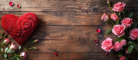 Leinwandbilder - Valentine's Day background with a red heart pillow and pink roses on a textured wooden surface, ideal for a postcard, featuring copy space image in a top view panorama.