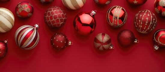 Poster - Festive Christmas ornaments arranged on a red backdrop with copy space image.