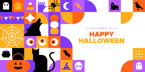 Wall Mural - Happy halloween geometric mosaic web template illustration. Modern flat october holiday cartoon icon background, fun costume party online invitation. Spooky internet event banner. 