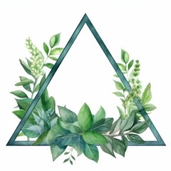 Wall Mural - Image of watercolor green leaves triangle frame on a white background. Geometric shape or triangle shape with botanical and nature concept with copy space. Design for invitation, greeting card. AIG35.