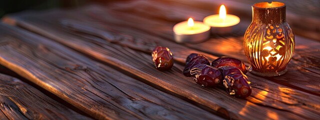 Dates and candle holder on a wooden surface. Closeup, copy space - generative ai