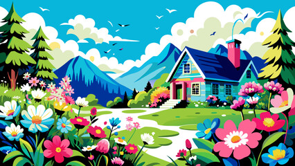 Wall Mural - Idyllic Country House Amidst Blooming Flowers with Mountain Backdrop