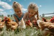 © JIRMoronta - two girls feeding chickens in a field together on a farm. generative ai
