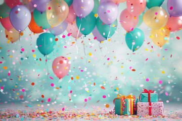 Poster - Festive birthday party scene with colorful balloons, confetti, and presents. Ideal for childrens stores, event planners, and photo studios. Generative AI