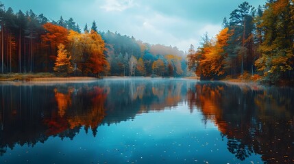 Wall Mural - Vibrant Autumn Landscape with Serene Lake Reflection in Picturesque Woodland Scene