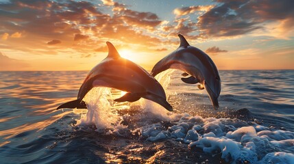 Wall Mural - Playful Dolphins Leaping Out of Vibrant Sunset Ocean with Joyful Movement