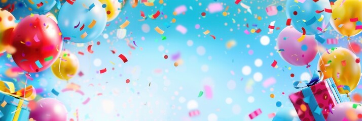 Poster - A vibrant image of colorful balloons, confetti, and presents against a blue sky background, perfect for childrens birthdays. Generative AI