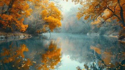 Canvas Print - Vibrant Autumn Reflection Serene River Surrounded by Colorful Foliage