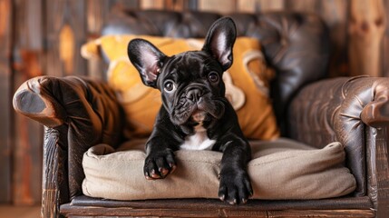 Wall Mural - Adorable French Bulldog puppy on wooden couch
