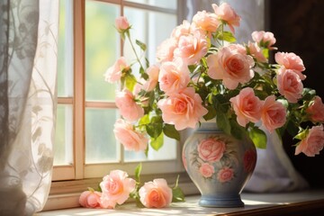 Sticker - Blooming roses window windowsill blossom.