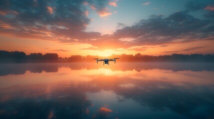 Drone flying over a serene and tranquil lake at dawn with vibrant reflections