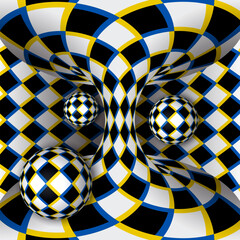 Canvas Print - Abstract composition of geometric 3D objects with a checkered pattern. Vector psychedelic optical illusion illustration.