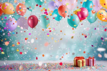 Poster - A festive scene of colorful balloons, confetti, and presents set against a blue backdrop, ideal for childrens parties. Generative AI