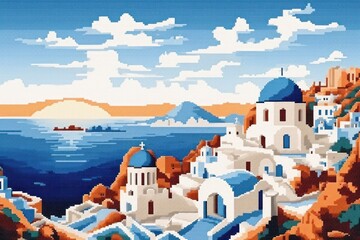 Poster - Cross stitch santorini landscape architecture outdoors.