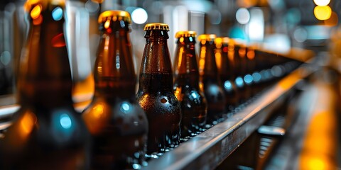 Poster - Beer bottles moving in a row on a conveyor belt. Concept Industries, Manufacturing, Automation, Conveyor Systems, Production Lines