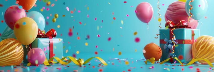 Poster - A vibrant image of bright balloons, confetti, and presents against a blue background, perfect for childrens stores, event planners, and photo studios. Generative AI
