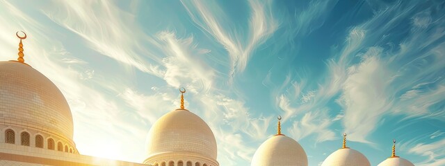 Mosques Dome buiding on blue sky background. ramadan islamic religion symbols. Islamic new year Muharram, Mubarak, Eid al-fitr, Eid al-Adha, arabic concept. portrait with free space - generative ai