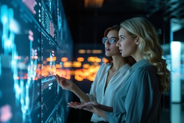 two businesswomen engaged in strategic discussions on data and analytics in front of a corporate inf