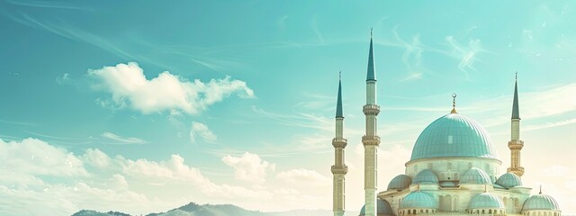 Wall Mural - Mosques Dome buiding on blue sky background. ramadan islamic religion symbols. Islamic new year Muharram, Mubarak, Eid al-fitr, Eid al-Adha, arabic concept. portrait with free space - generative ai
