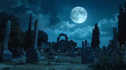 Wall Mural - Eerie full moon shining over an ancient cemetery ruins, creating a spooky and mysterious atmosphere. Perfect for Halloween or horror concepts.