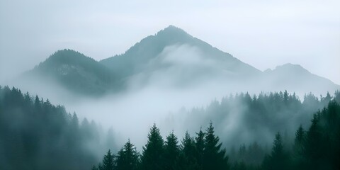 Wall Mural - Majestic Mountain Peak Rising Through Misty Forest. Concept Nature Photography, Landscape Views, Misty Mountains, Tranquil Scenes, Wilderness Exploration