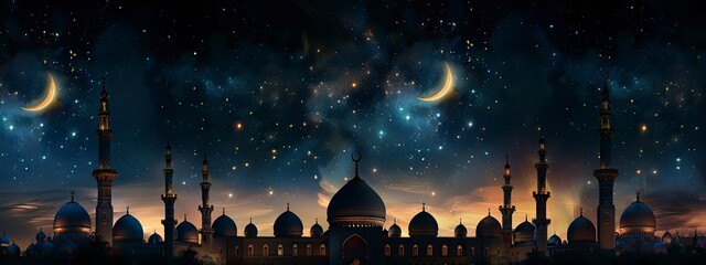 Ramadan kareem religion symbols. Mosques Dome in twilight night with Crescent Moon and sky dark black background. for eid al-fitr, arabic, Eid al-adha, new year muharram free space - generative ai