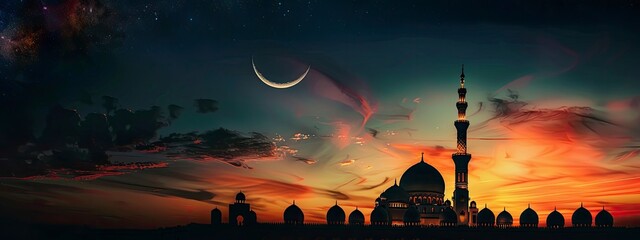 Ramadan kareem religion symbols. Mosques Dome in twilight night with Crescent Moon and sky dark black background. for eid al-fitr, arabic, Eid al-adha, new year muharram free space - generative ai