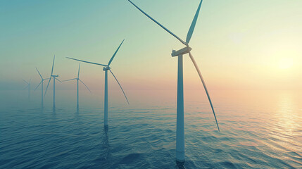 Wall Mural - white wind turbines on the sea surface, offshore wind power, against blue sky