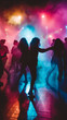 © Mary Salen - silhouette of people dancing on dance floor colorful psychedelic lights and smoke machine rave dance party nightclub interior
